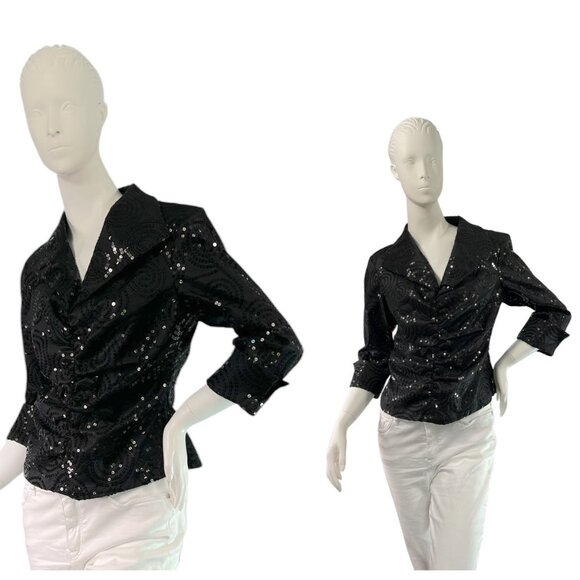 Samuel Dong Sequin Ruched Black Top V-Neck with Lapels $199 Size Small - Picture 1 of 9